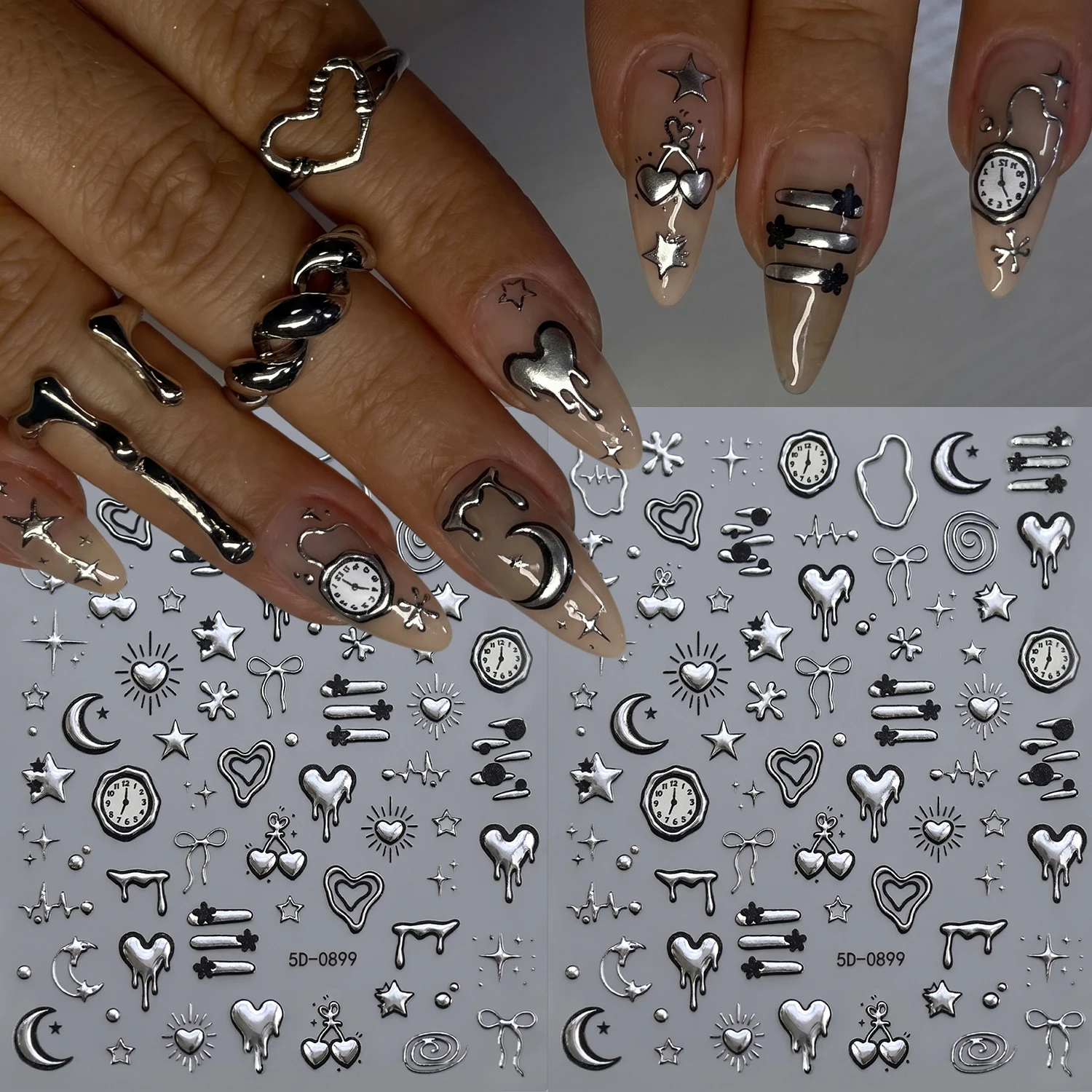 2Pcs 5D Embossed Metallic Silver Nail Stickers Melting Love Clock Moon Star Bow Heart-Beat Nail Declas Y2K Manicure Decorations