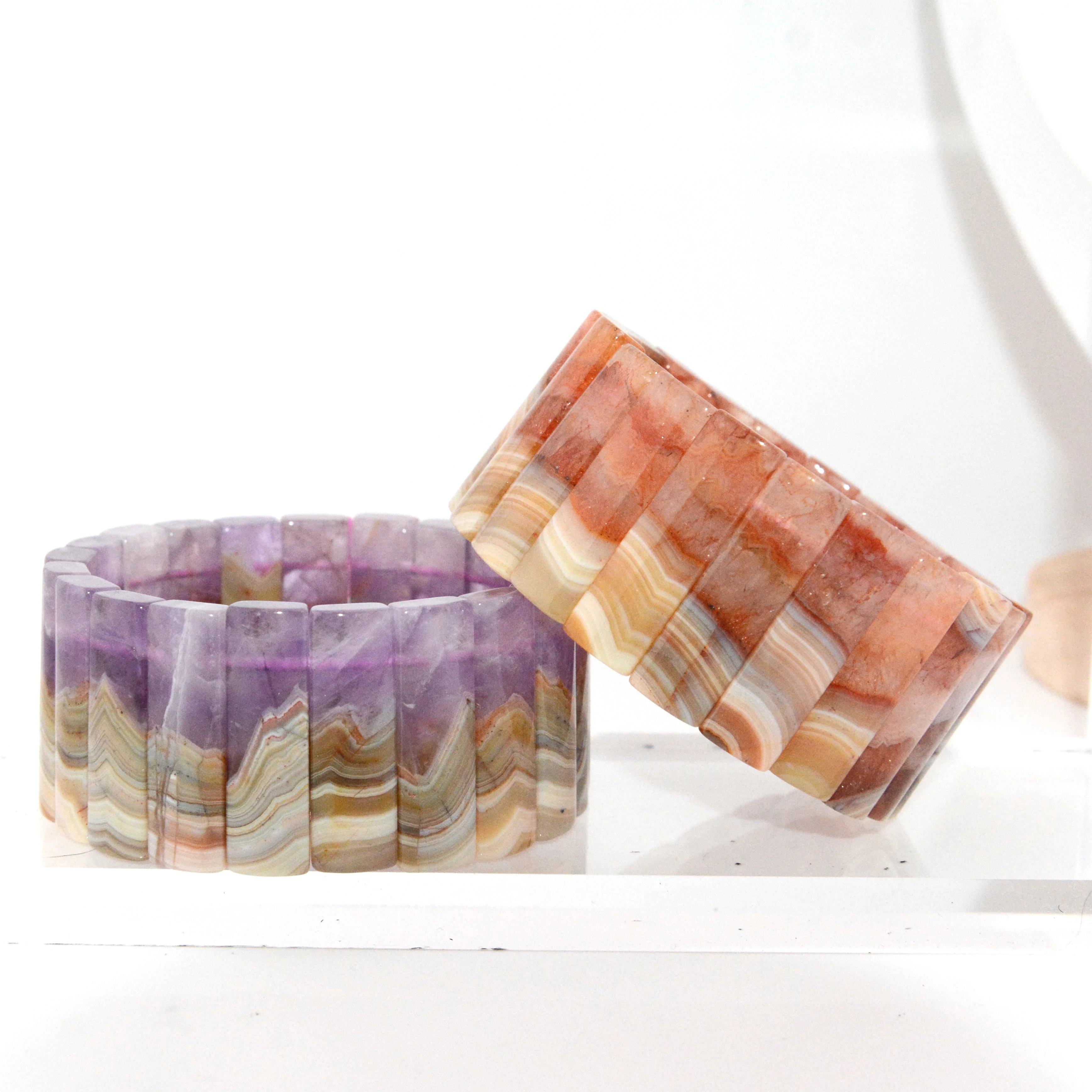 Natural Mexico Agate Whit Amethyst Quartz Symbiotic Body Flat Rectangle Bracelet 29x9mm-32x10mm，Thickness About 6mm, For Gift