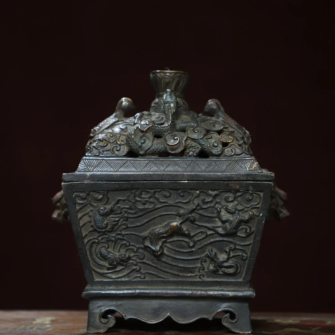 Old Bronze Cinnabar Mud gold Dragon and Phoenix Texture Cover Kirin pattern Square incense burner base Town house