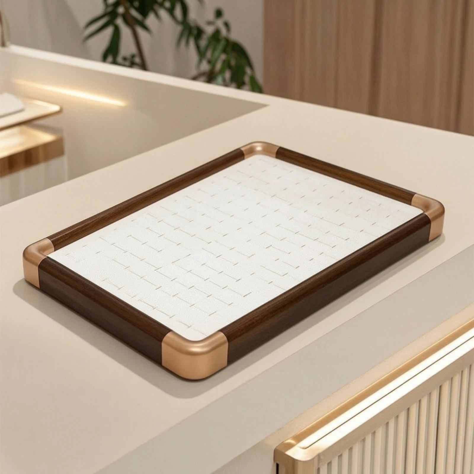 Jewelry Organizer Tray with Repeated Slots Wood Grain Border Low Profile Display for Dresser or Counter