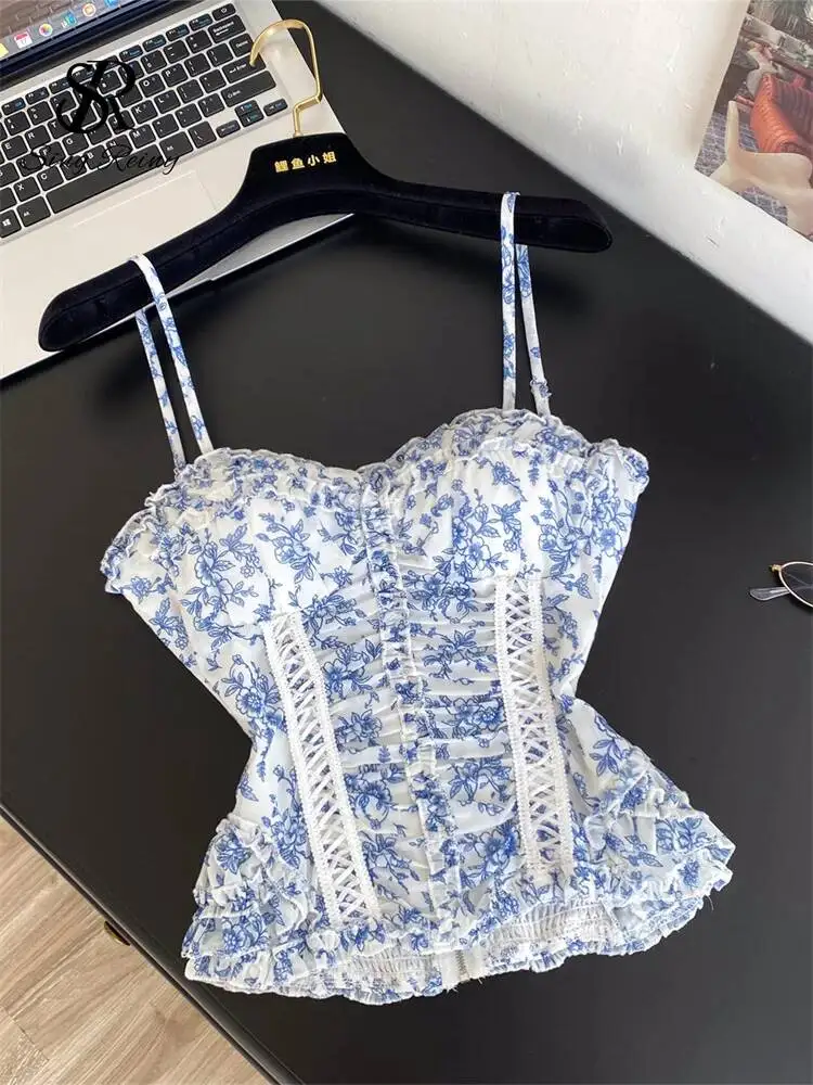Floral Holiday Tank Top  Ladies Ruched Shirred Zipper Bodycon Elastic Bustier Summer Daily Clean Girl Casual Camis