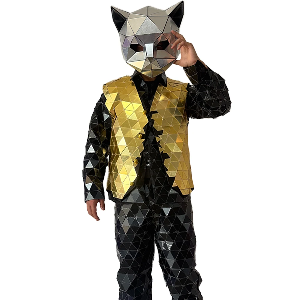 

Black Gold Mirror Man Costume Luxury Show Party Stage Dance Suit Hand Sewn Halloween Christmas Easter Costume for Men