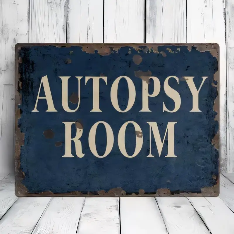 Vintage Distressed Autopsy Room Metal Tin Sign - Navy Blue Retro Typography Wall Art, Iron Material, Gothic Horror Decor for Hal