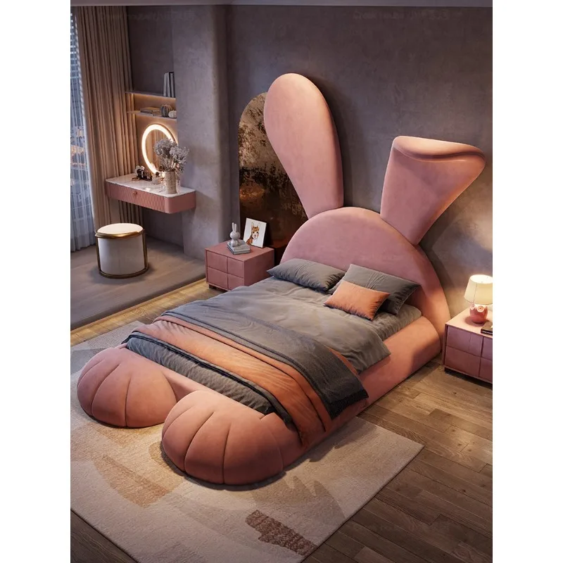 Menina rosa coelho cama dos desenhos animados internet celebridade moderno simples quarto único tecido cama de madeira maciça