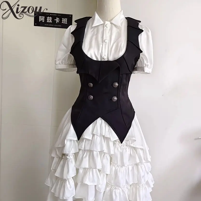 Japanese Gothic Lolita Vintage Puff Short Sleeve Ruffle Slim Fit Black Vest Layered Sweet Cool Cosplay Daily Wear Women 2026