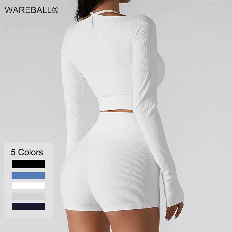 

Комплект для йоги, 2 шт., бесшовный сексуальный укороченный топ в рубчик с длинными рукавами, рубашка с высокой талией, шорты для тренажерного зала и фитнеса, одежда для тренировок, спортивная спортивная одежда