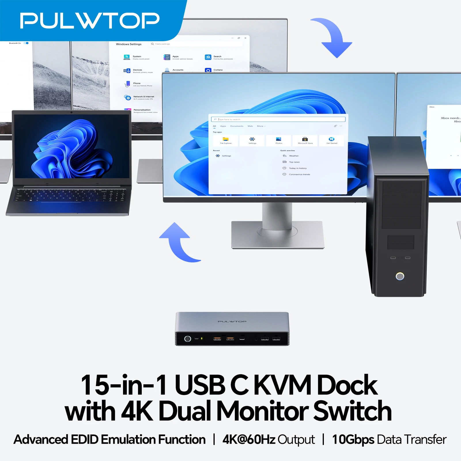 

Док-станция с KVM-переключателем PULWTOP, док-станция с KVM-переключателями 4K EDID, двойной монитор с 2 HDMI, USB A/C 3,2 10 Гбит/с, зарядка 15 Вт, аудио