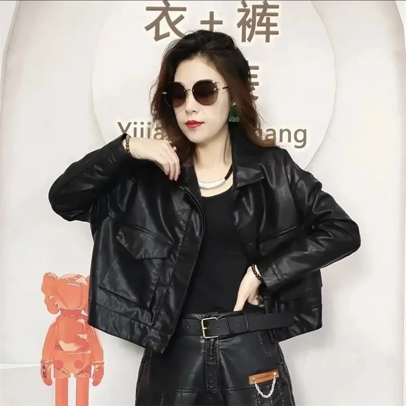 Abrigo de piel sintética a la moda coreana para mujer, Top corto de cuero, prendas de vestir para primavera y otoño, chaqueta de cuero PU de manga larga para mujer 2025