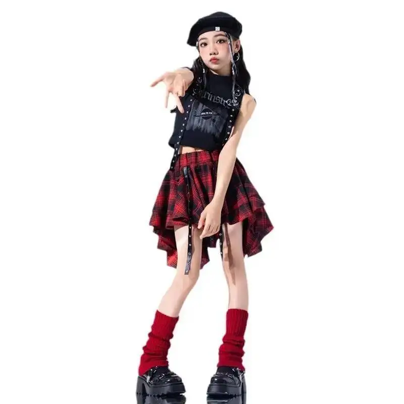 

Hip Hop Girls Crop Top Plaid Street Dance Skirt Kids Ribbon Pleated Skirts Teens Jazz Cool Costumes Child Streetwear Clothes Set