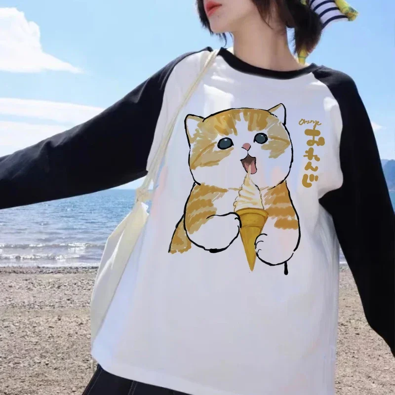 90s Y2k T-shirt Long Sleeve Funny Cute Cat Shirt Women Cartoon T Shirt Harajuku Graphic Ulzzang Tshirt Aesthetic Top Tee Female