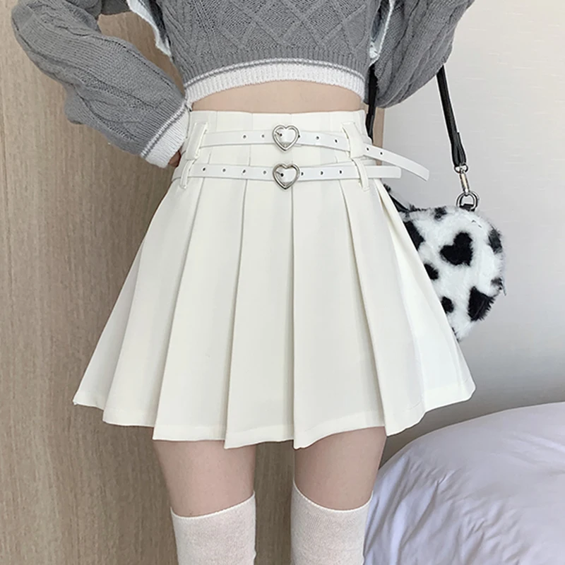 

Summer Kawaii Women Mini Skirts Korean Harjuku Student Casual Vintage High Waist Short Pleated Skirt Belt Sweet Preppy Style