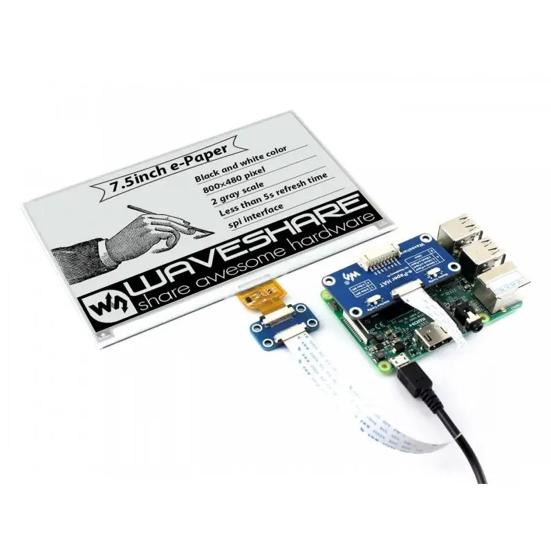 Дисплей E-Ink Waveshare 800*480, 7,5 дюйма, для Raspberry Pi 2B/3B/Zero W, двухцветный: черный, белый, интерфейс SPI, без подсветки