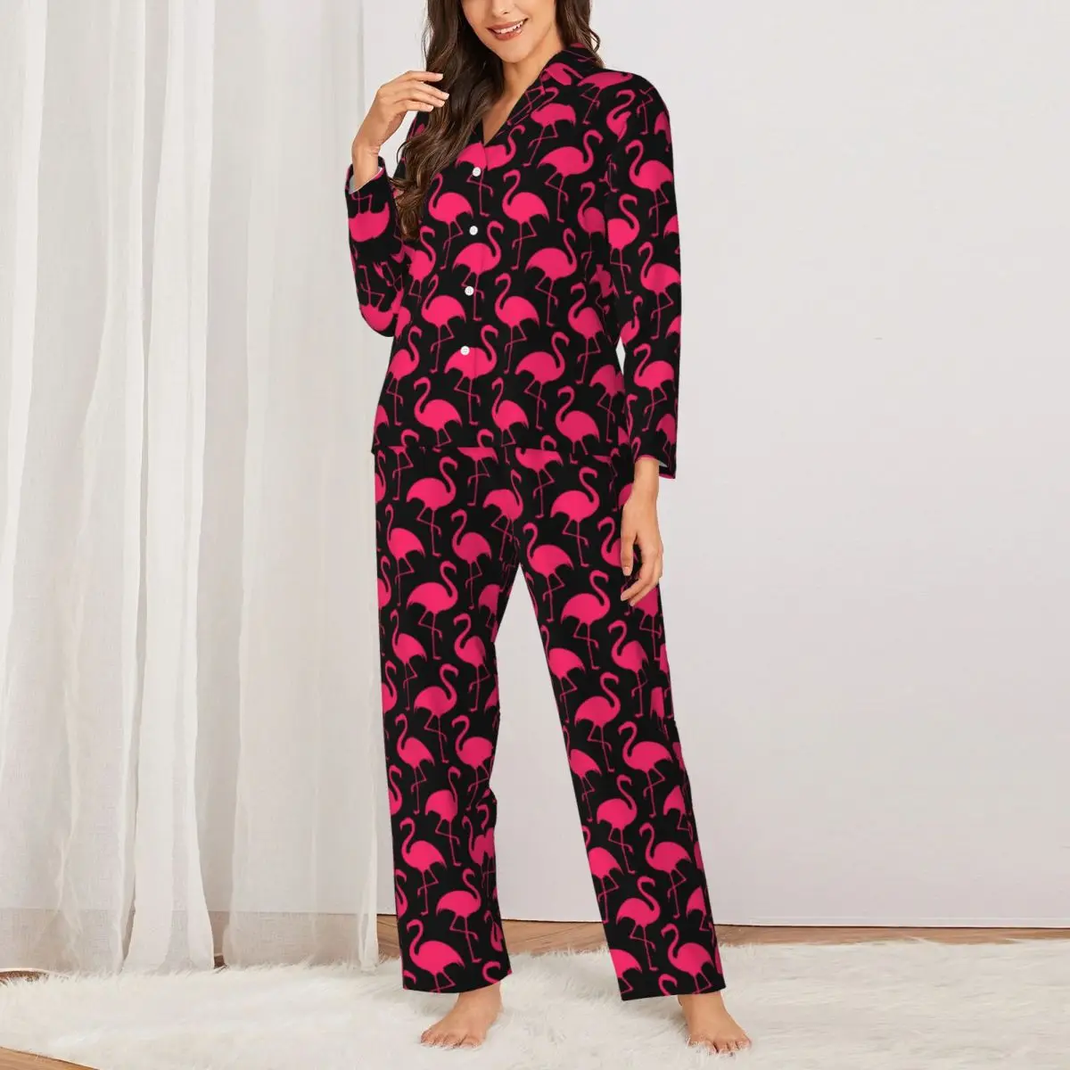 Pajamas Lady Cool Animal Print Sleep Sleepwear Pink Flamingos 2 Piece Loose Pajama Sets Long-Sleeve Warm Oversized Home Suit