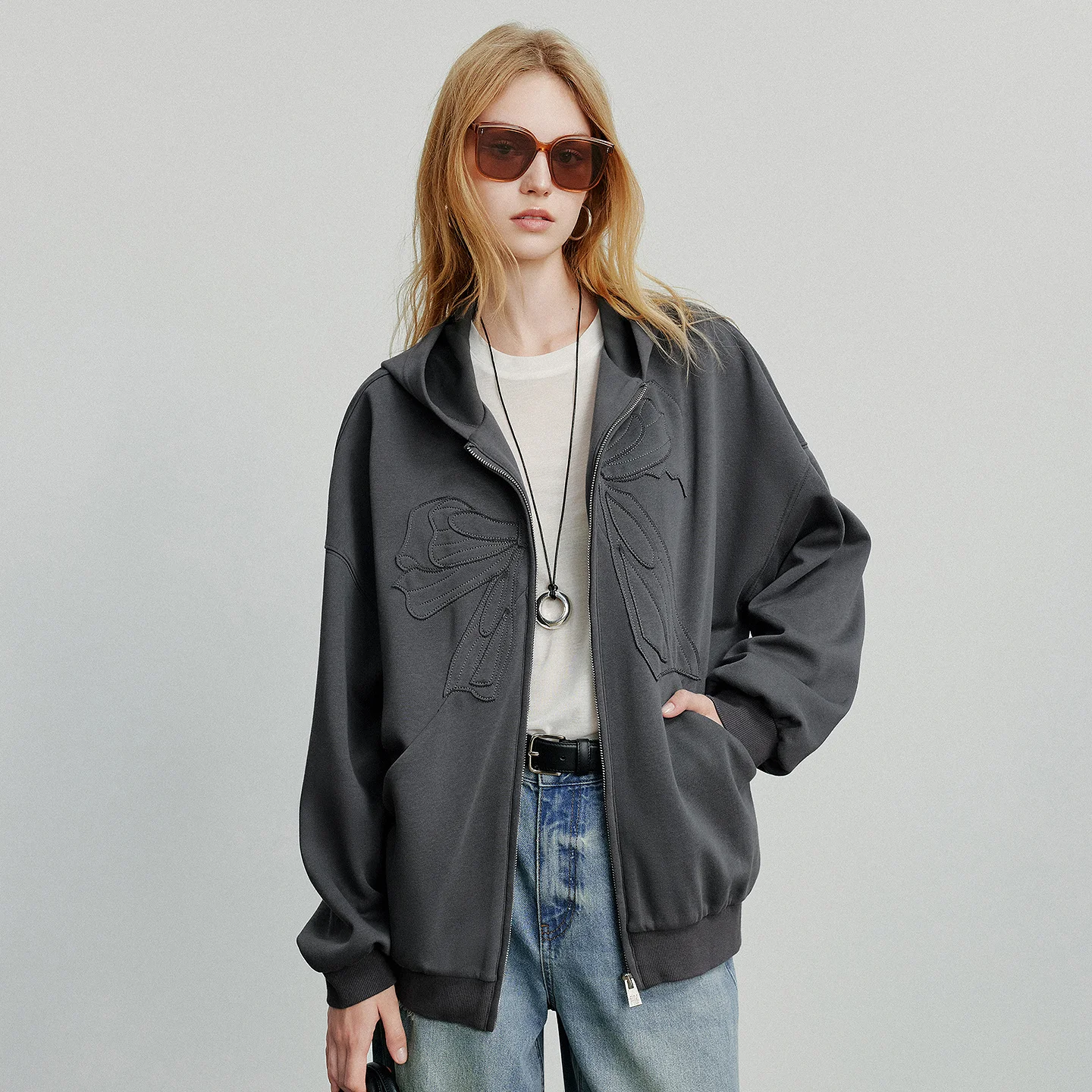 TOYOUTH Felpa con cappuccio da donna 2025 Autunno Nuovo Bowknot Chiusura con cerniera Sport Giacca cardigan casual Grigio scuro