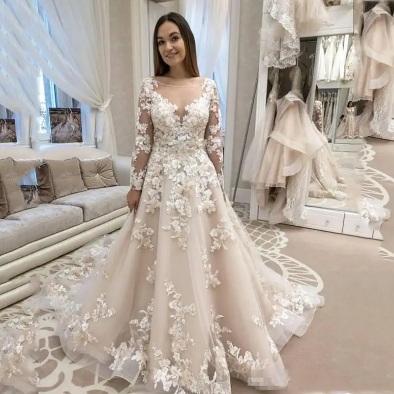 Vestidos De novia personalizados De lujo con Apliques De encaje, vestidos De novia De manga larga florales 3D De línea A para mujer, Vestido De YAW80 2024