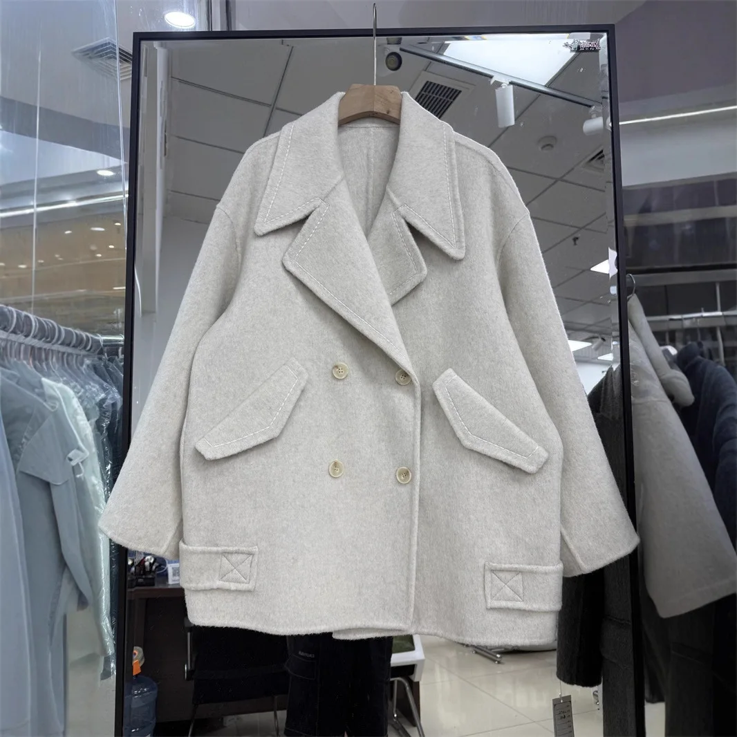 

Double-Faced Woolen Coat for Women Trendy Sle Loose Fit with Double Rows of Buttons Thiened Long Sve Mid-Length