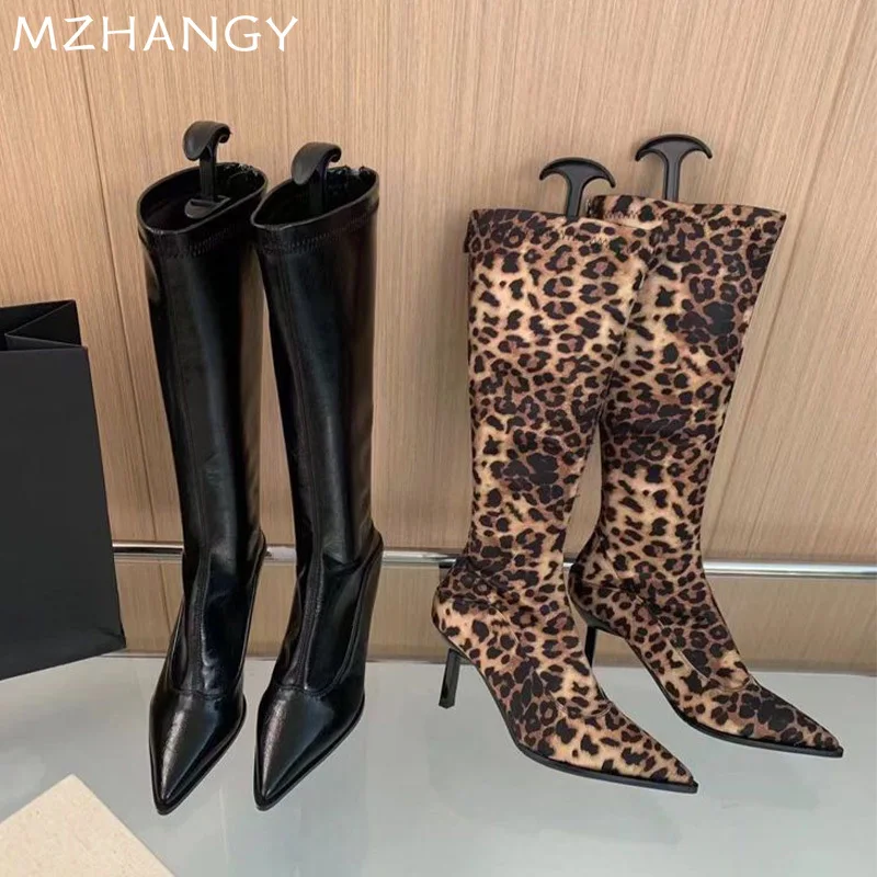 Leopard Women High Boots Sexy High Heels Pointed Toe Shoes Elegan Trend Party Chelsea Boots Pumps Luxury New Mujer Snow Botas