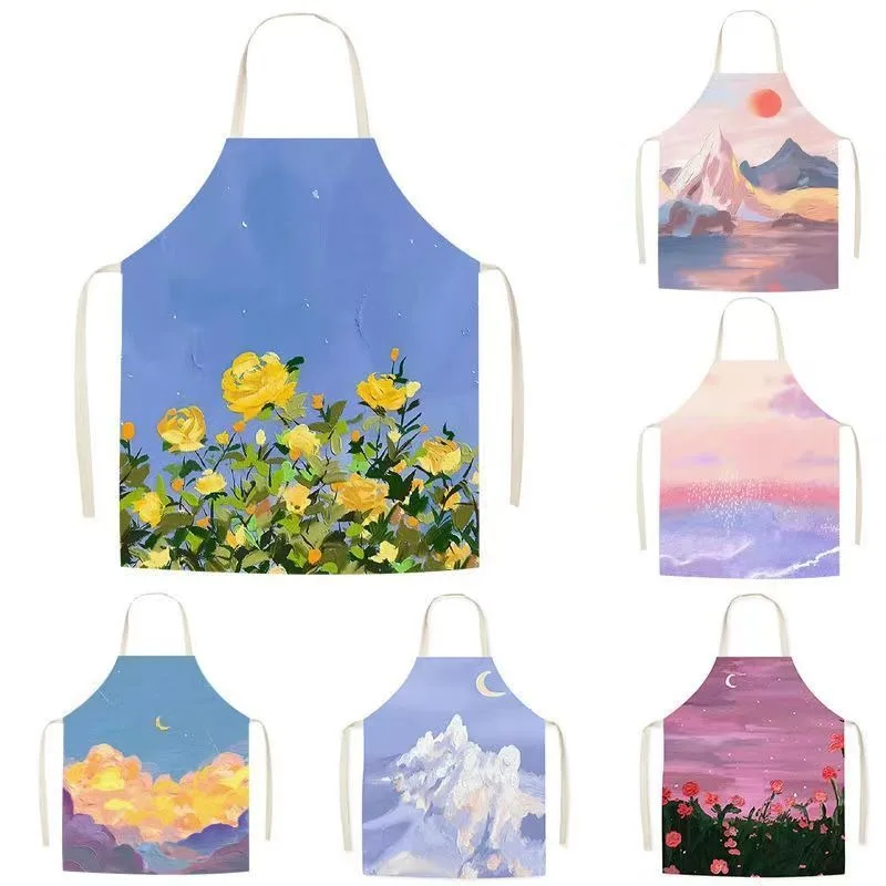 Oil painting landscape sleeveless linen apron for adults and children kitchen cooking baking bib home cleaning apron