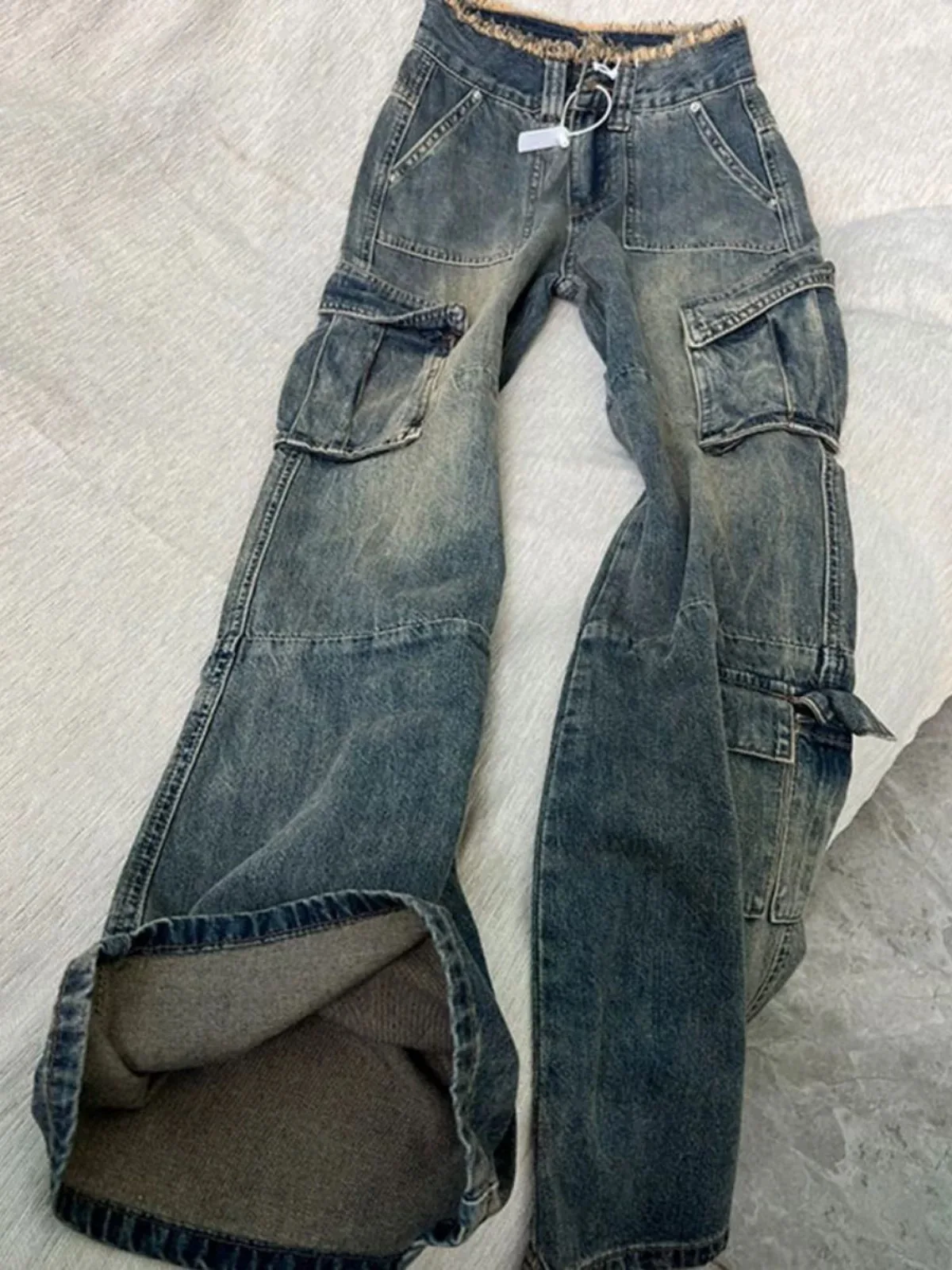 Jeans cargo vintage americani Pantaloni svasati con tasche grandi a vita alta da donna Cintura sfilacciata Streetwear Pantaloni in denim Harajuku Y2K
