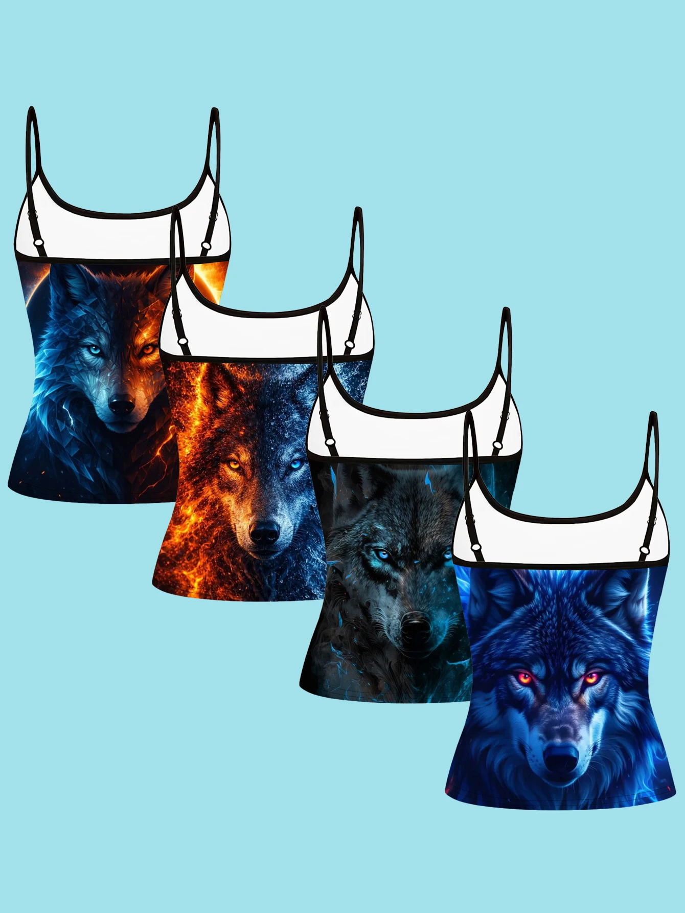 4-Piece Set of Women's Ice and Fire Wolf Head Print Spaghetti Strap Camisole Slim Fit Base Layer Tops