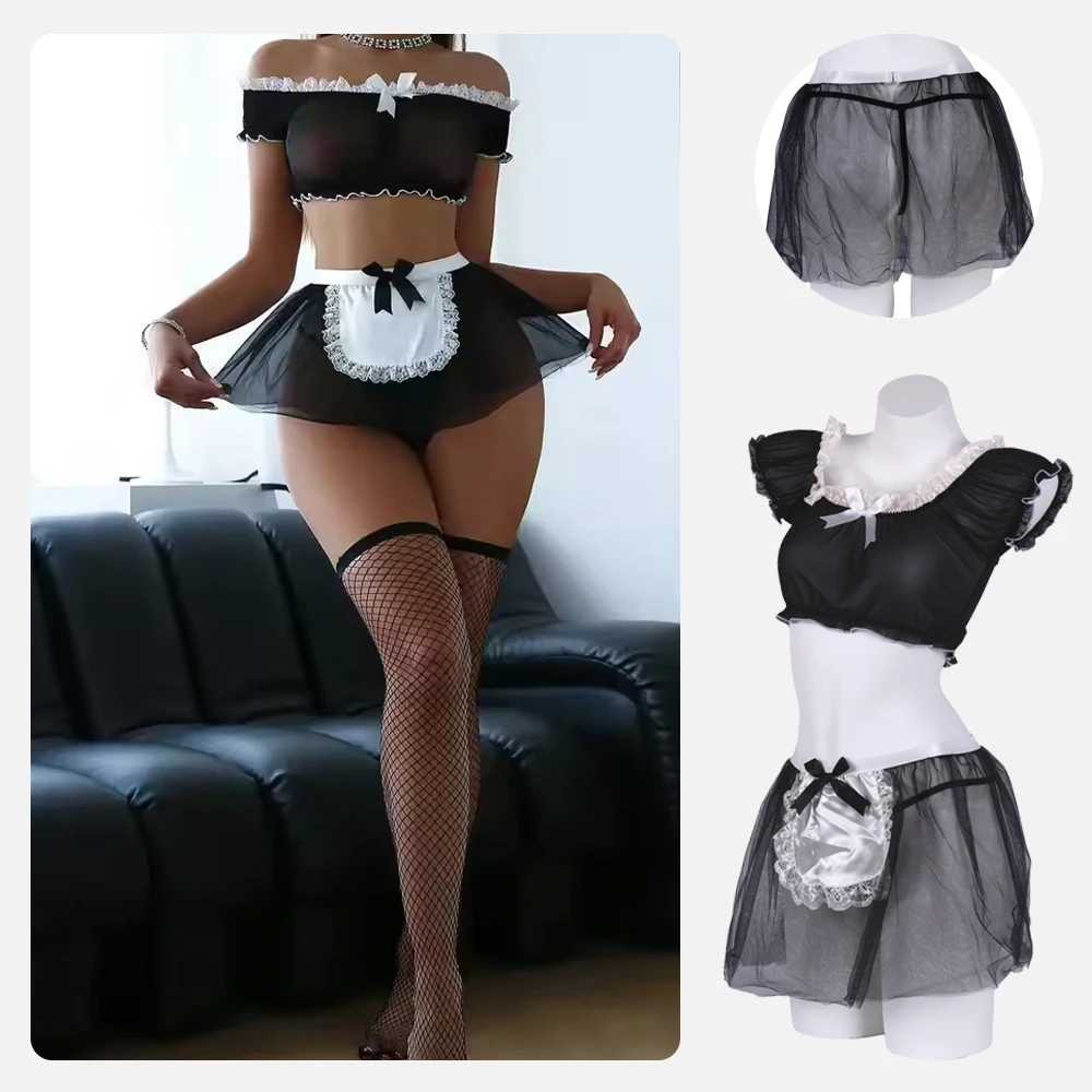 

Fetish Lingerie Sexy Bow Knot Maid Uniform Set Women Lace Patchwork Mesh See-through Sexy Contrast Underwear Cosplay Maid Set