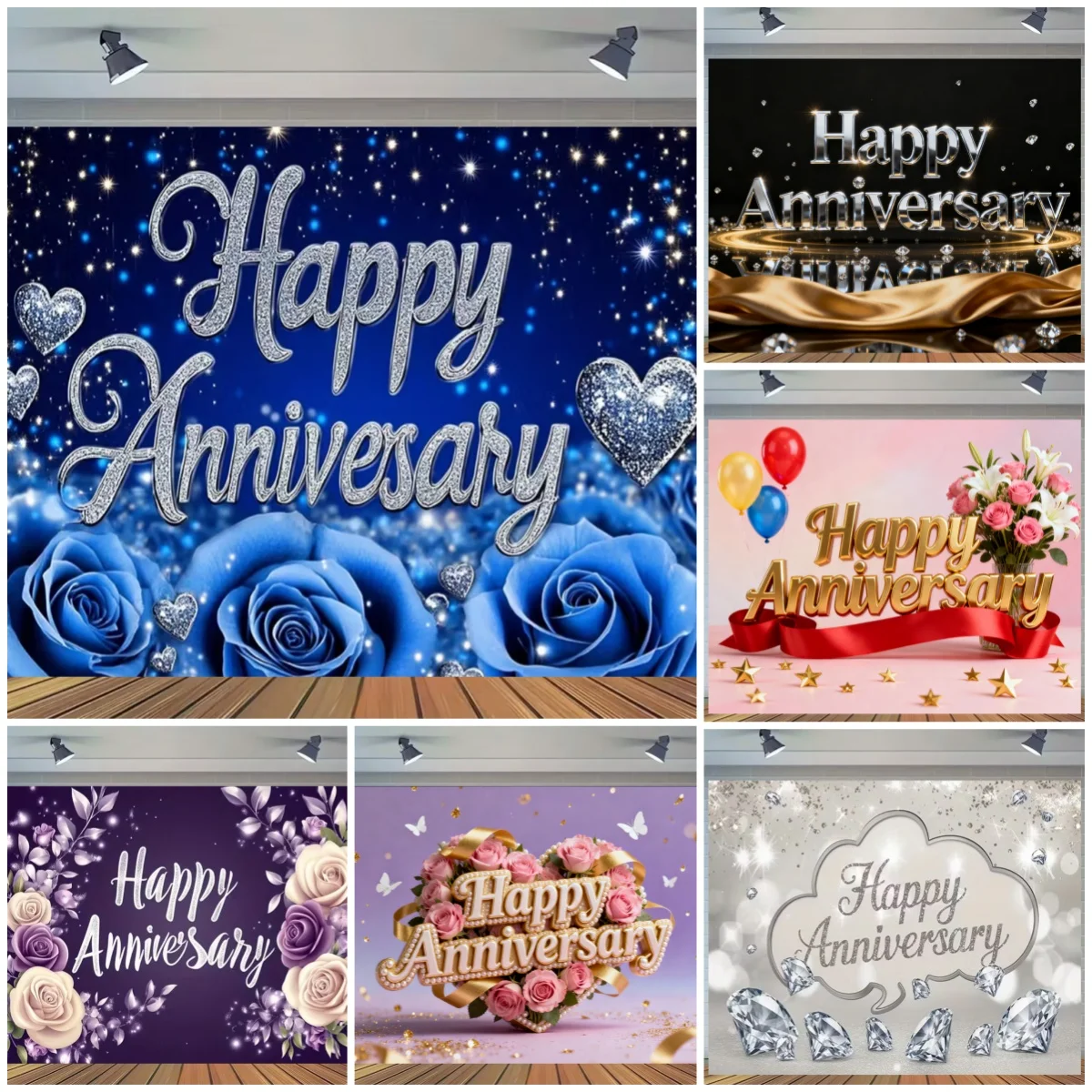 

Happy Anniversary Theme Party Decoration Background Blue Balloons Diamond Dots Backdrop Supplies Pink Flowers Photography Props