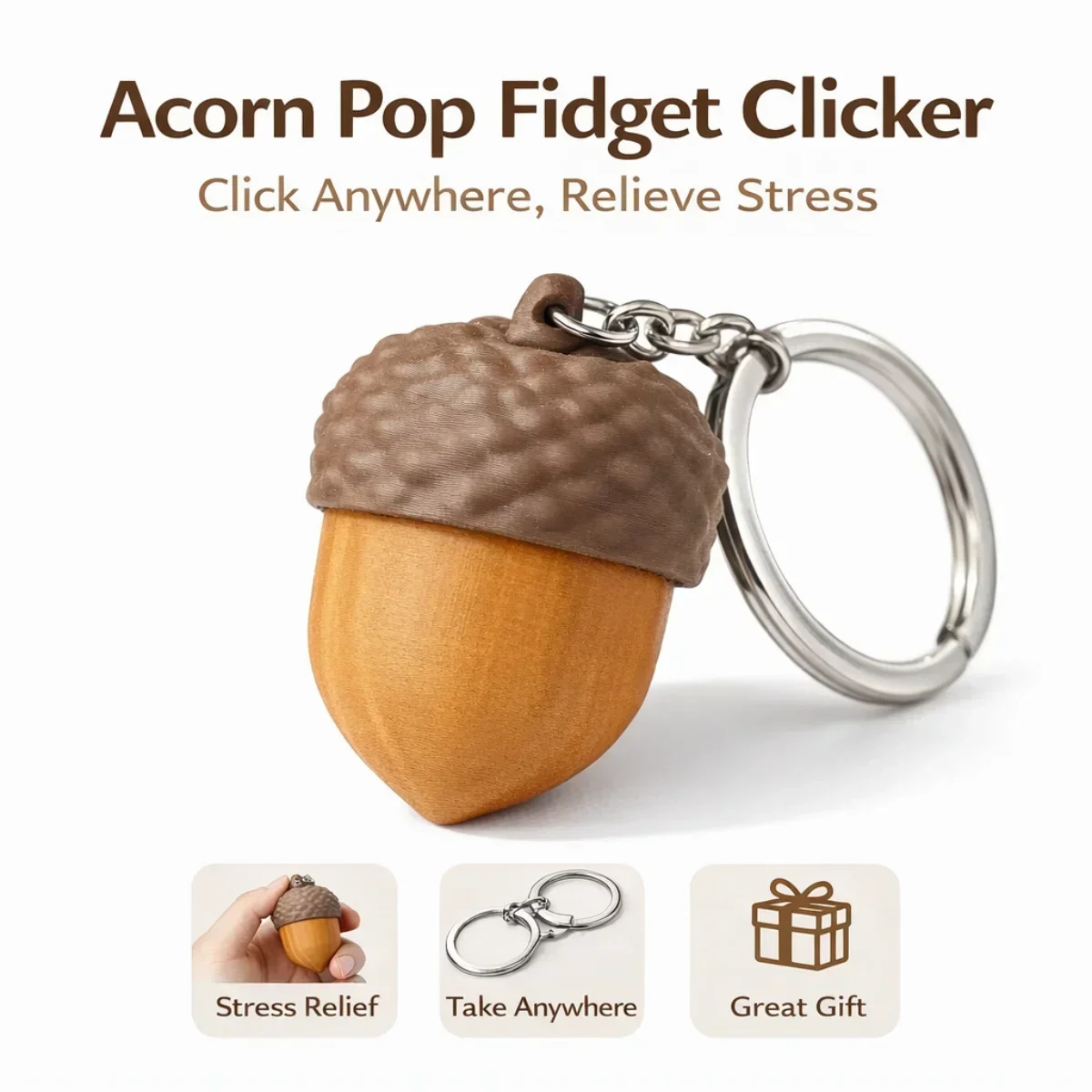 Acorn Pop Fidget Button Clicker Keychain Pendant Simulated Pinecone Silent Stress Relief Toy Portable KeyRing BackBag Decor Gift