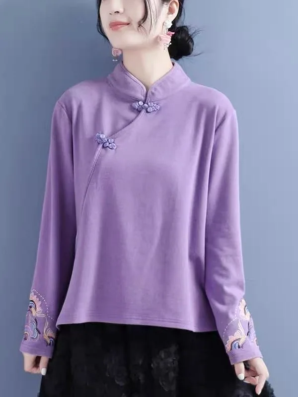 Camisa Casual Feminina de Veludo Dupla Face com Gola Alta Bordada e Aquecimento Automático para Cerimônia do Chá