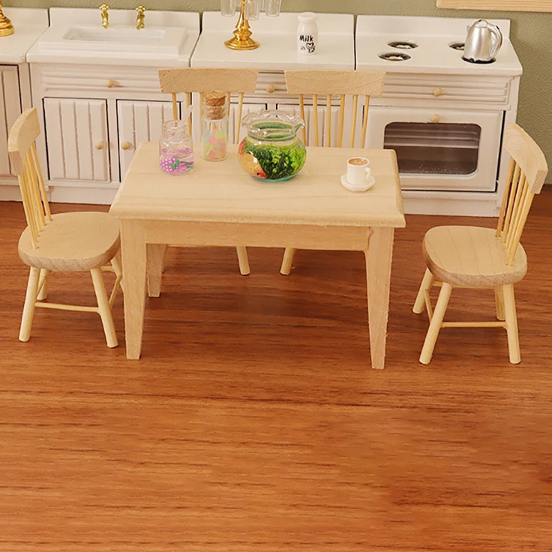 1Set Doll House Miniature Simple wooden Table With 4pcs Chairs Mini Dining Tables and Chairs Model Kitchen Home Scene Decor