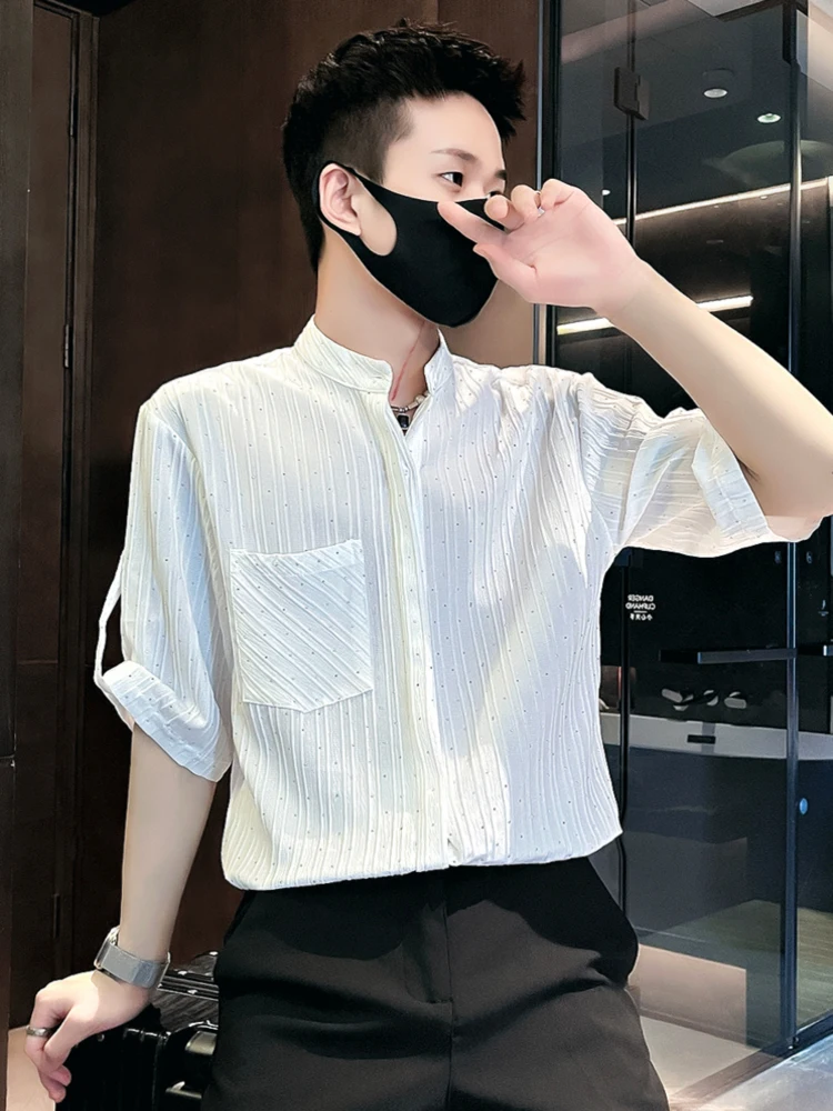 

High-End Men's Ice Silk Casual ort Sve irt Five-Quarter Length Breathable Lightweight Summer Faion Trend