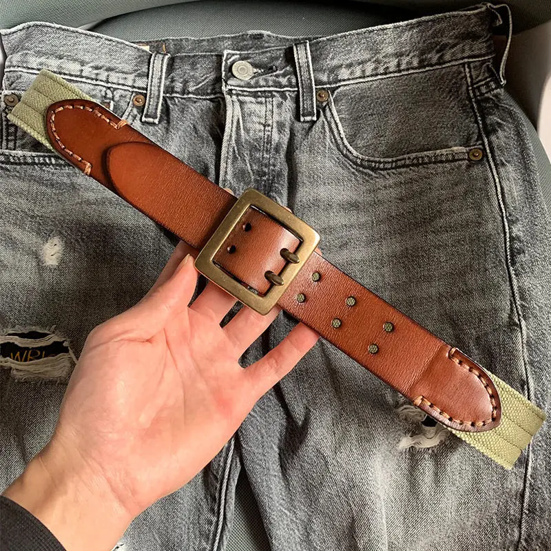 Vintage Canvas Belt Men\'s 100 cowhide Splicing Design belt pure copper double needle buckle leather belt