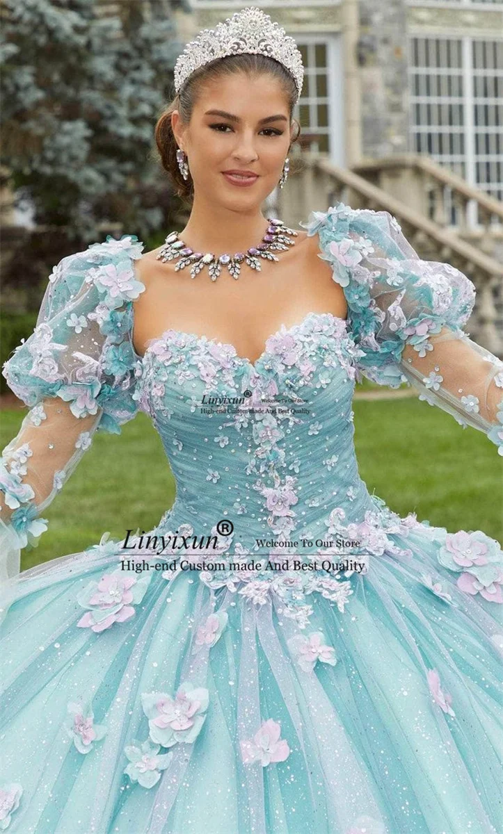 ثوب حفلة مع زينة دانتيل ، زهور يدوية ، أزرق على شكل قلب ، فساتين Quinceanera ، عاري الكتفين ، 15 و 16 سنة