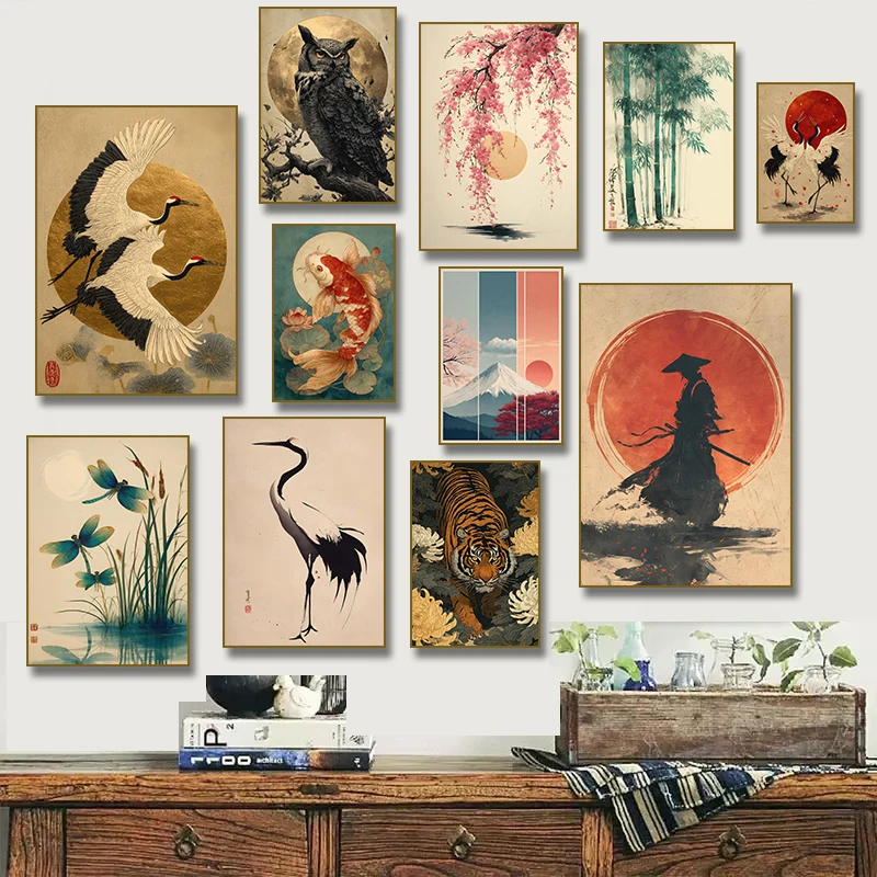 Japanese Samurai Red Sun Pine Tree Crane Tiger Koi Fish Bamboo Poster, Vintage Ukiyo-e Wall Art Oriental  Artwork Home Decor
