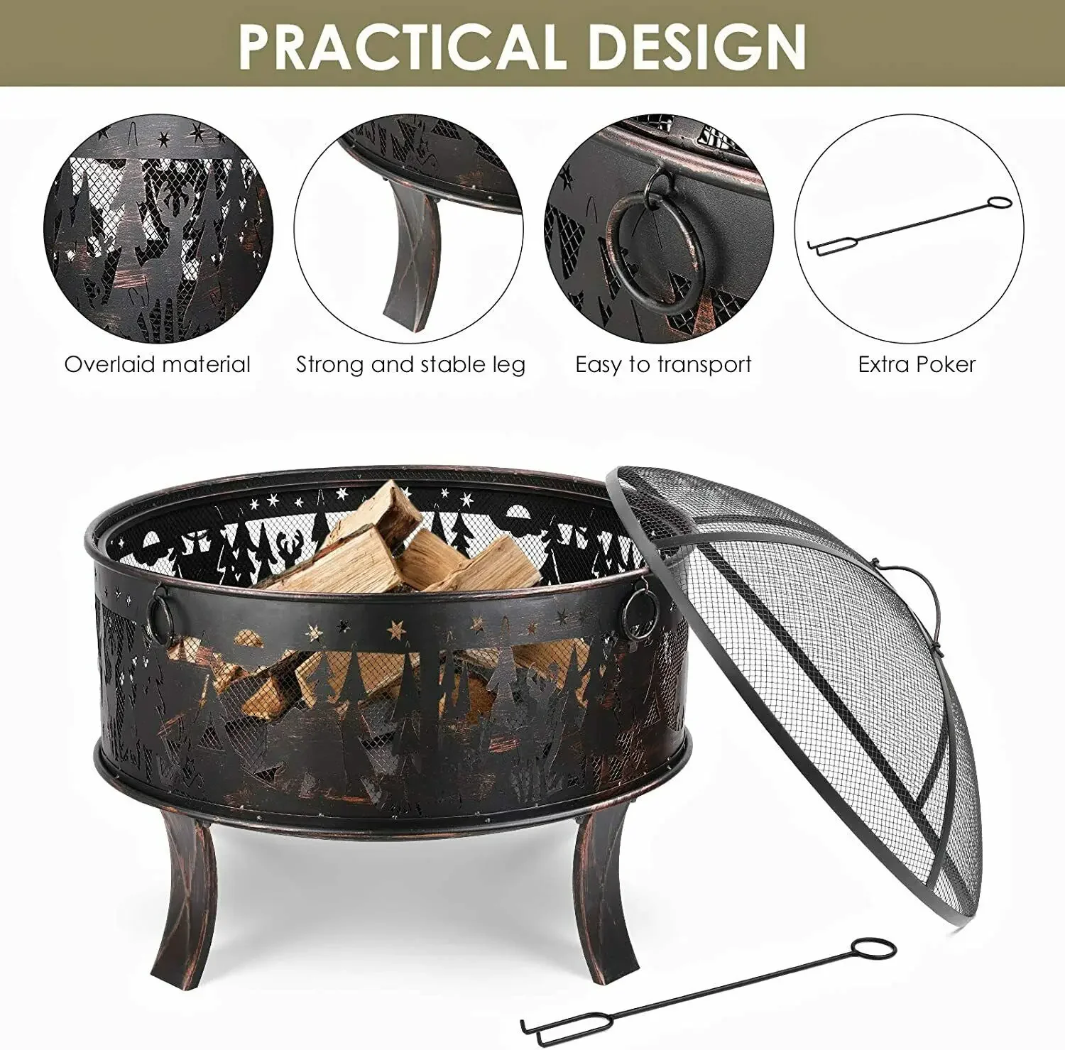 Garden Barbacoa BBQ Grill Charcoal Brazier, 69x69x65cm, 27\'\' Outdoor Fireplace, Grid Poker and Charcoal, for Heating/BBQ