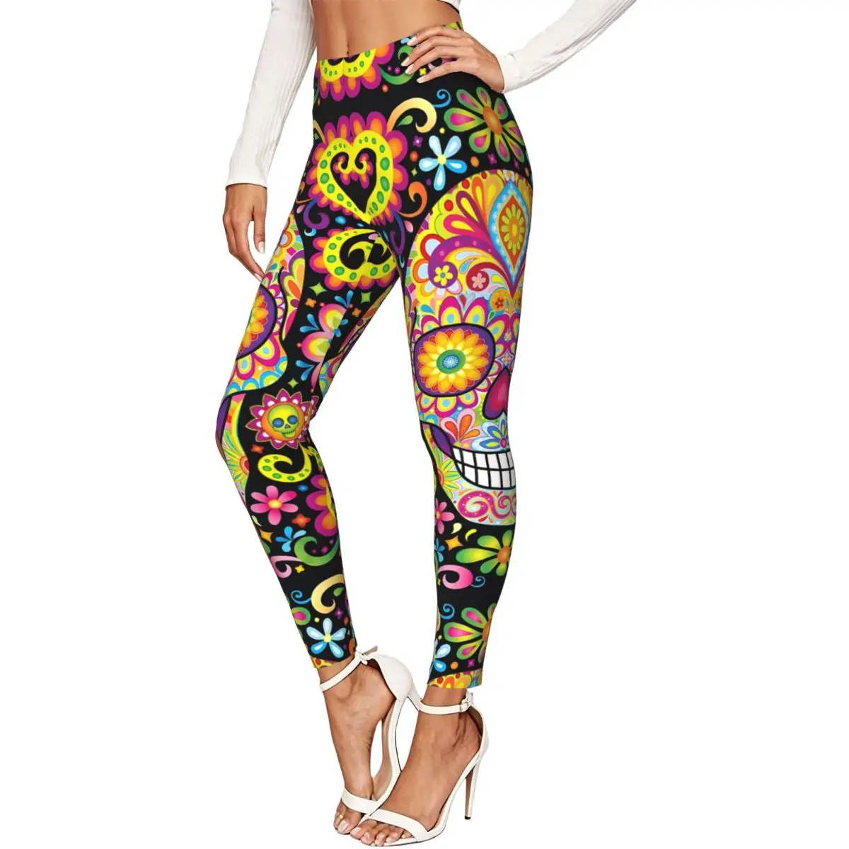 Mexican Sugar Skull Day Of The Dead Women Leggings High Waisted Stretch Tights Workout Running Pants