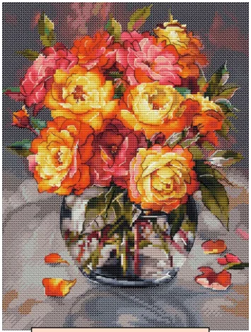 

Cross Stitch Kit for DIY Handmade Home Decor, Birds on a Teapot Bouquet, Fabric Cloth, Cotton - Red Rose 30-36