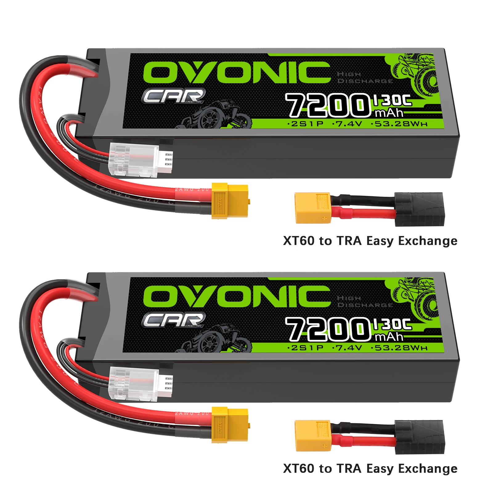 Batteria LiPo OVONIC 2S 7200mAh Hardcase 7.4V 130C con connettore XT60 a TRA per Veicoli RC in Scala 1/10, Auto e Camion, Confezione da 2