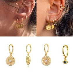 New Bohemian Fashion Round Coin Shape Evile Eye Drop Earrings for Women Party Cubic Zirconia Jewelry Orecchini