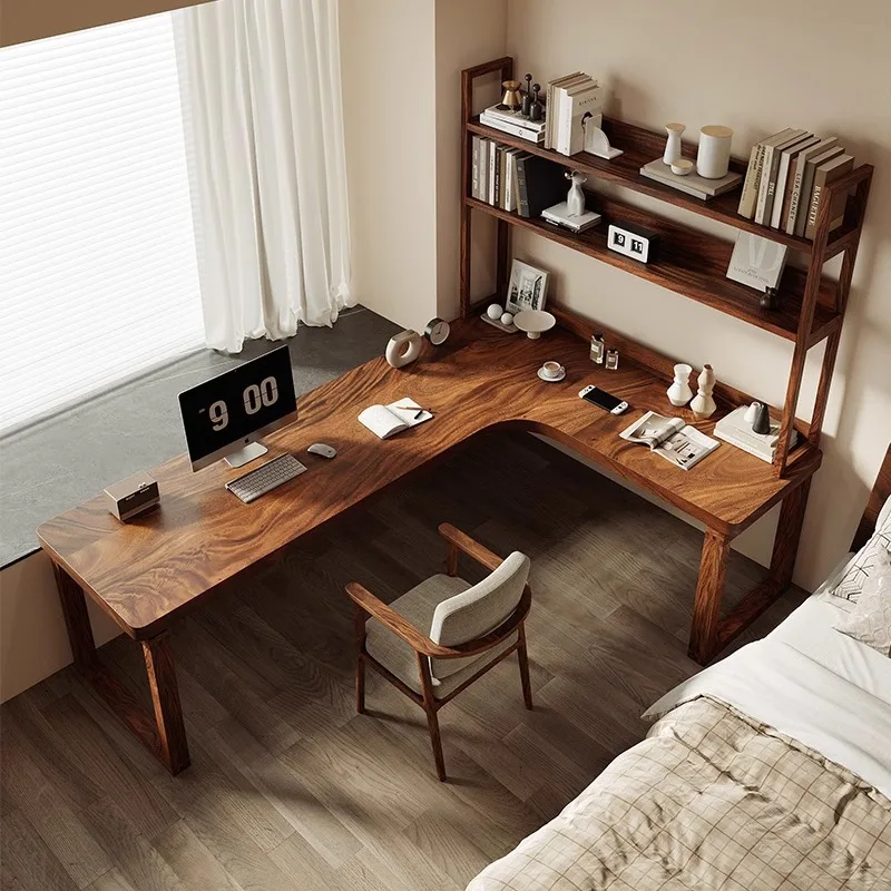 

Walnut L-Shaped Solid Wood Computer Desk Office & Bedroom Study Table with Small Bookshelves Corner Table