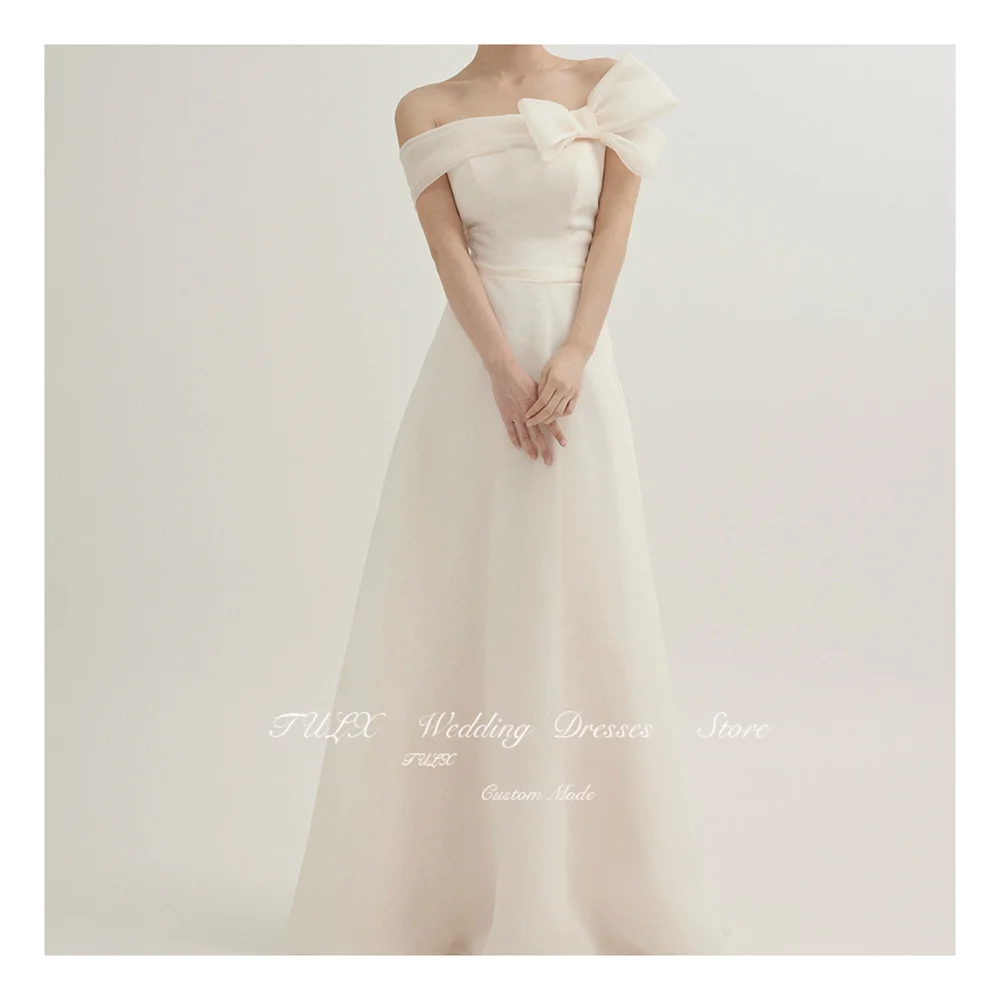 TULX Korea Photo Shoot Simple One-Shoulder Bow Wedding Dresses Floor-Length Long Organza Bridal Gowns Corset Back 웨딩드레스