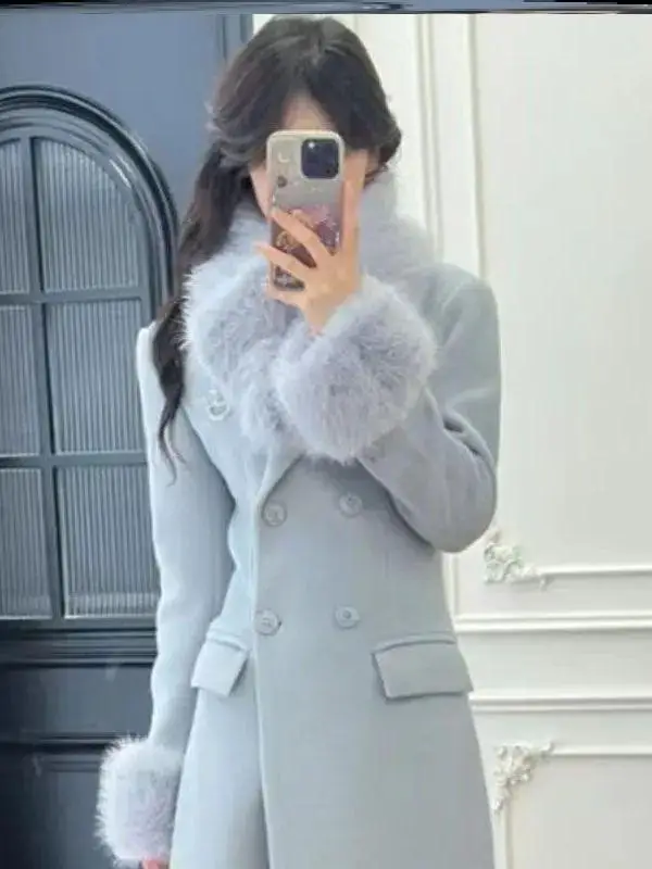 

Hebe Style Long Tailored Coat Women's 2025 Autumn Winter New Slim Fit with Furry Sleeves Woolen Coat Medium Length
