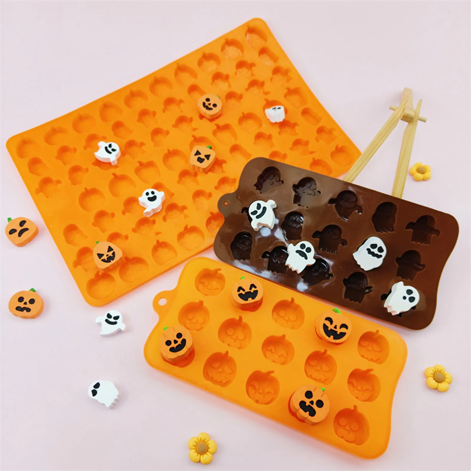 Halloween Molds Silicone Chocolate Molds Skull Ghost Pumpkin Witch Design Cake Molds Halloween Dessert Decorating Baking Tools