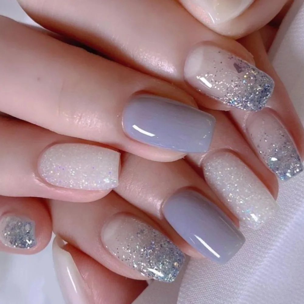 

24 Pcs Nails Press on Blue Glitter Simple Summer nail Tips Simple Fake Nail with Design Autumn Ready-made Artificial Nails 2025
