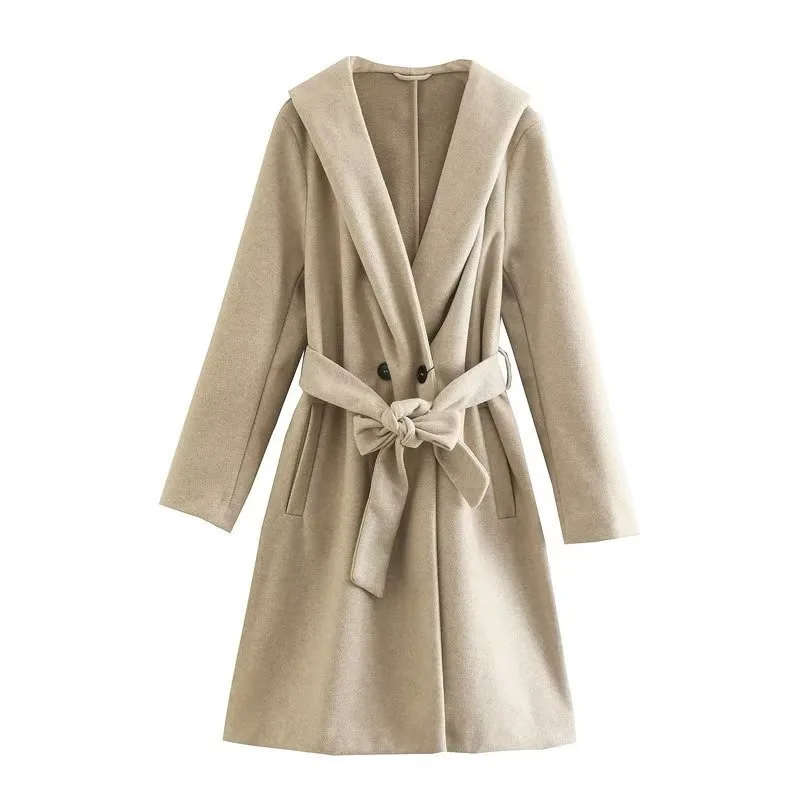 

2023 New Women Loose Temperament Hooded Woolen Coat Female Commuting Fashion Solid Color Belt Outwear Casual All-match Outcoat