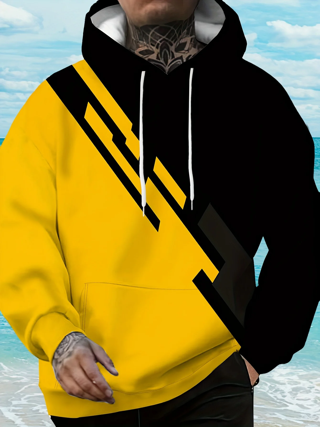 Minimalist Black Yellow Diagonal Spliced Hoodie Geometric Color Block Drawstring Pocket Loose Street Sweatshirt