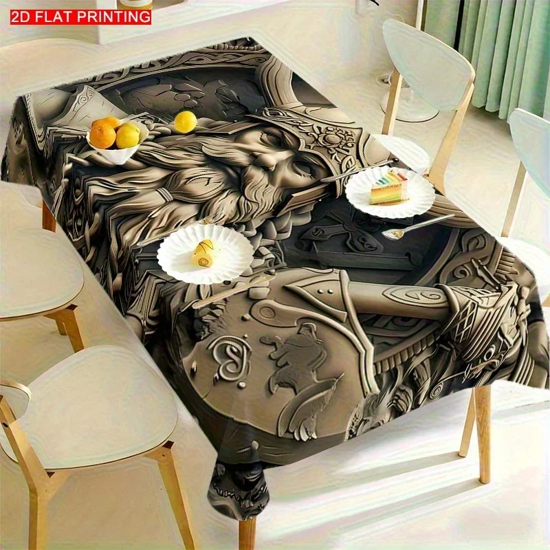 1pc Soft and Fashionable Viking Warrior Embossed Pattern Tablecloth, Machine Washable and Easy to Cleanxzj