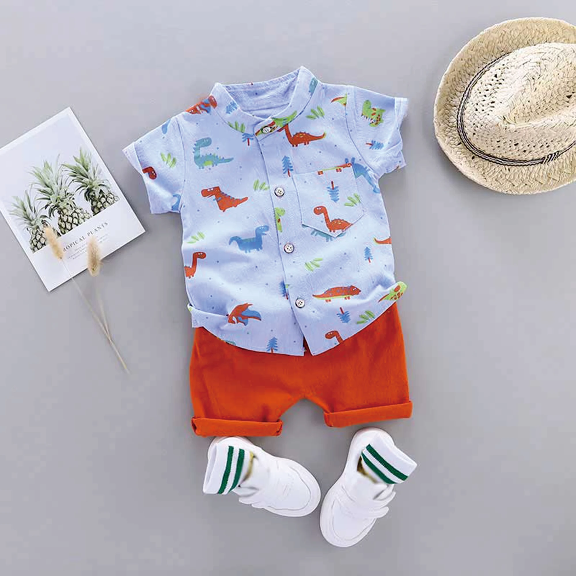 

PatPat 2pcs Baby Boy 100% Cotton Short-sleeve Allover Dinosaur Print Shirt and Solid Shorts Set