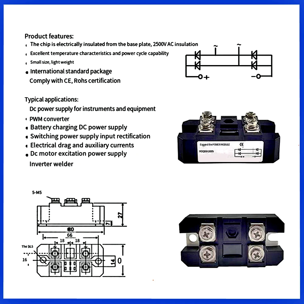 MDQ100A Single Phase Bridge Modules MDQ100A-16 100A Amp 1600V 1-Phase Diode Rectifier Radiator