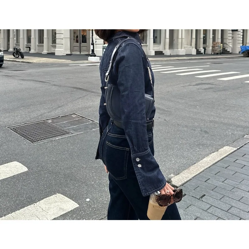 Spice Girl Slim Sexy Denim Split Shirt Personalized Wind Breasted Lapel Long Sleeve Top