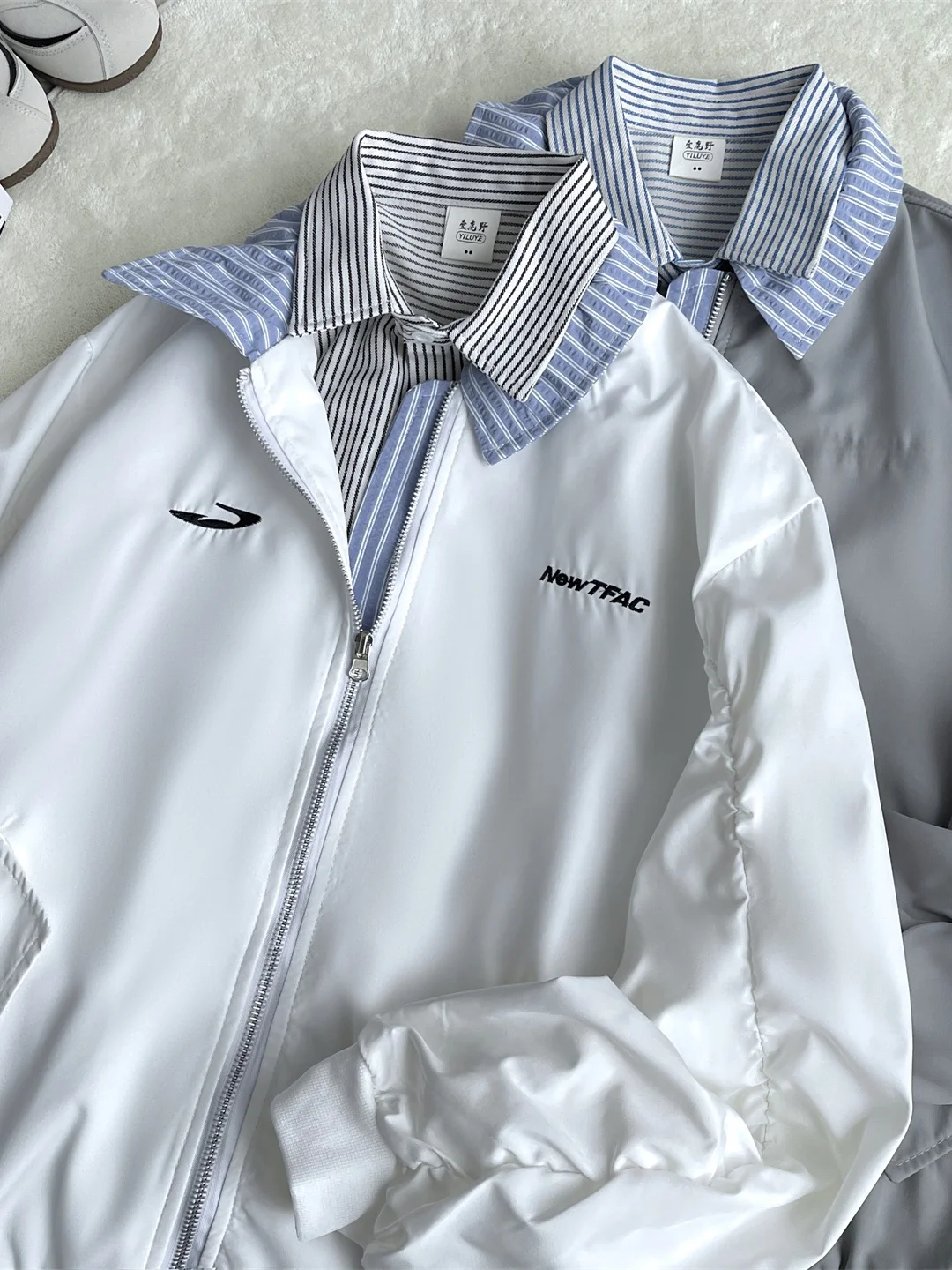 

Casual Sle Zipper Baseball Jaet for Men with Stripe Embroidery Flip Collar Regular Sve Long Autumn Outerwear Coat